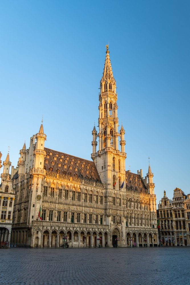 Rådhuset og lavenes huse på Grand Place i Bruxelles ved solopgang