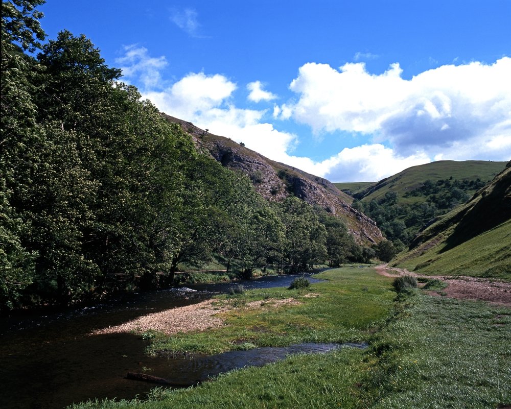 Floden Dove snor sig gennem kalkstensdalen Dovedale nord for Ashbourne