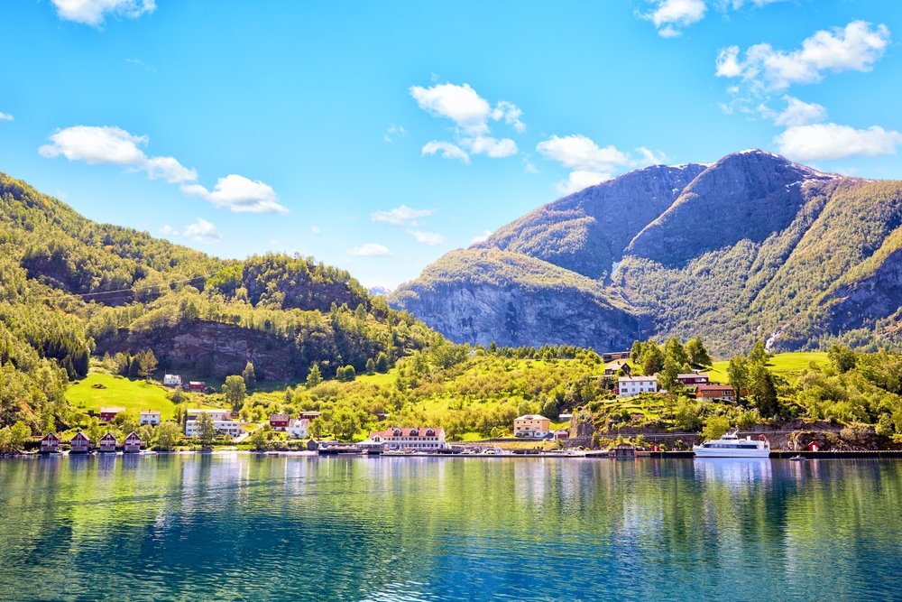 Flåm inderst i Aurlandsfjorden mellem stejle fjelde