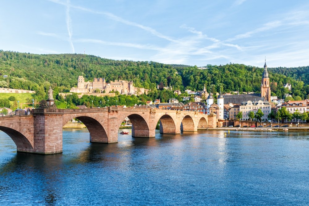 Heidelberg Slot over Old Town med Alte Brücke over floden Neckar