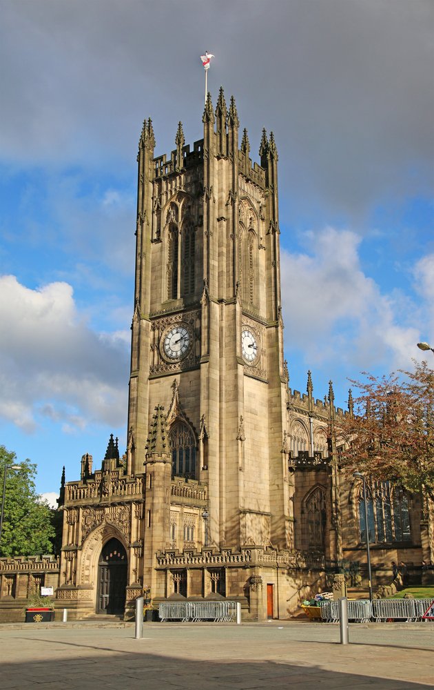 Den gotiske Manchester Cathedral i centrum af Manchester