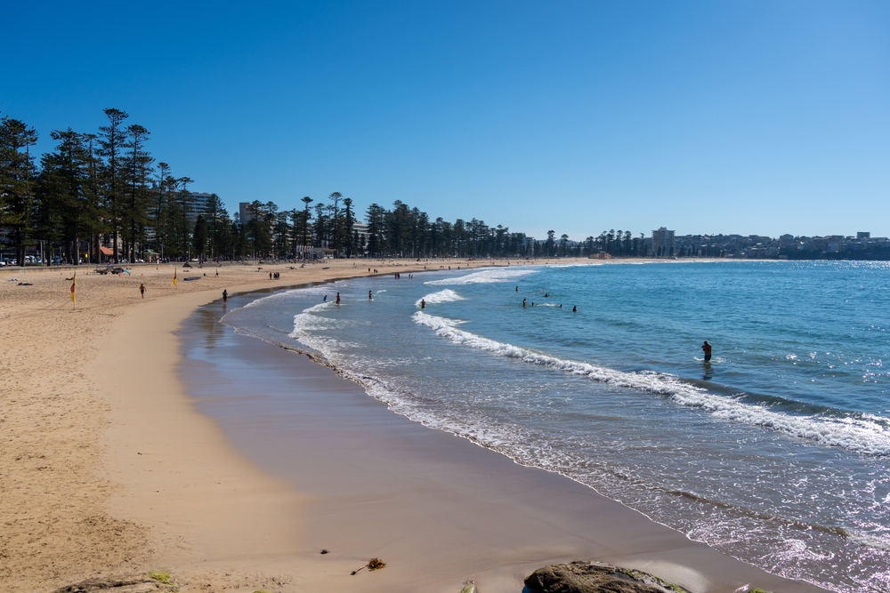 Manly Beach i Sydney med gyldent sand og blå bølger