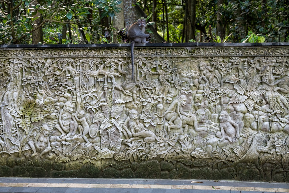 Makak på et stenrelief i Sacred Monkey Forest Sanctuary i Ubud