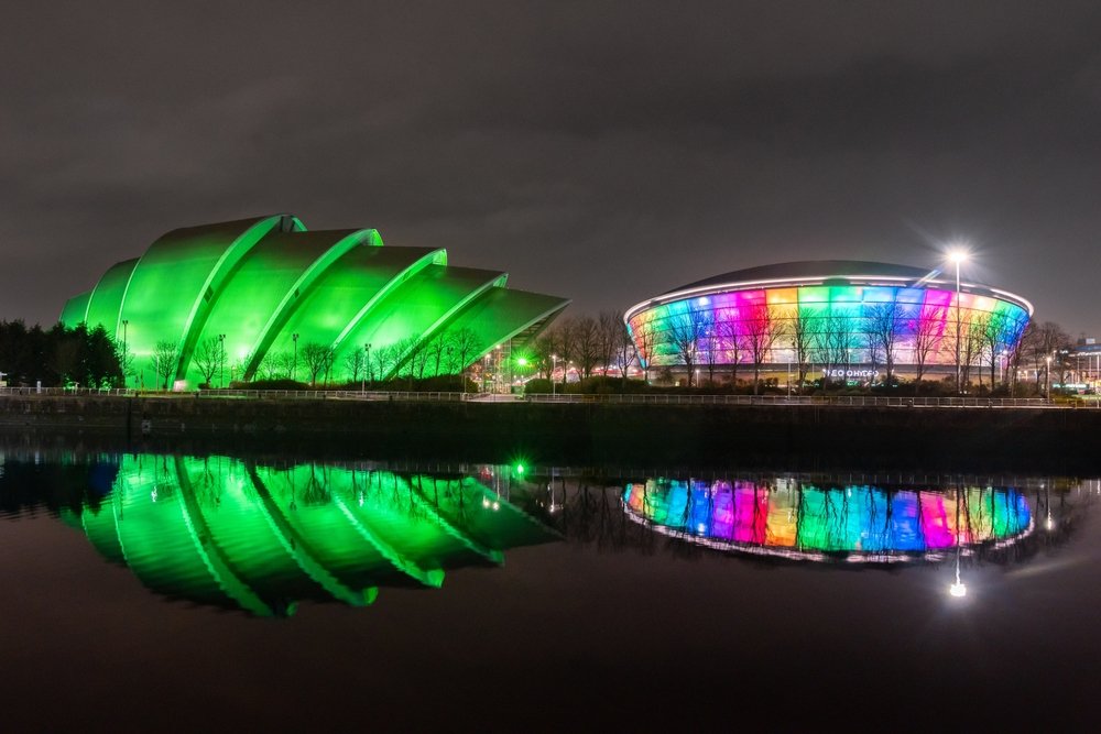 Koncertarenaen OVO Hydro og Clyde Auditorium ved floden Clyde i Glasgow