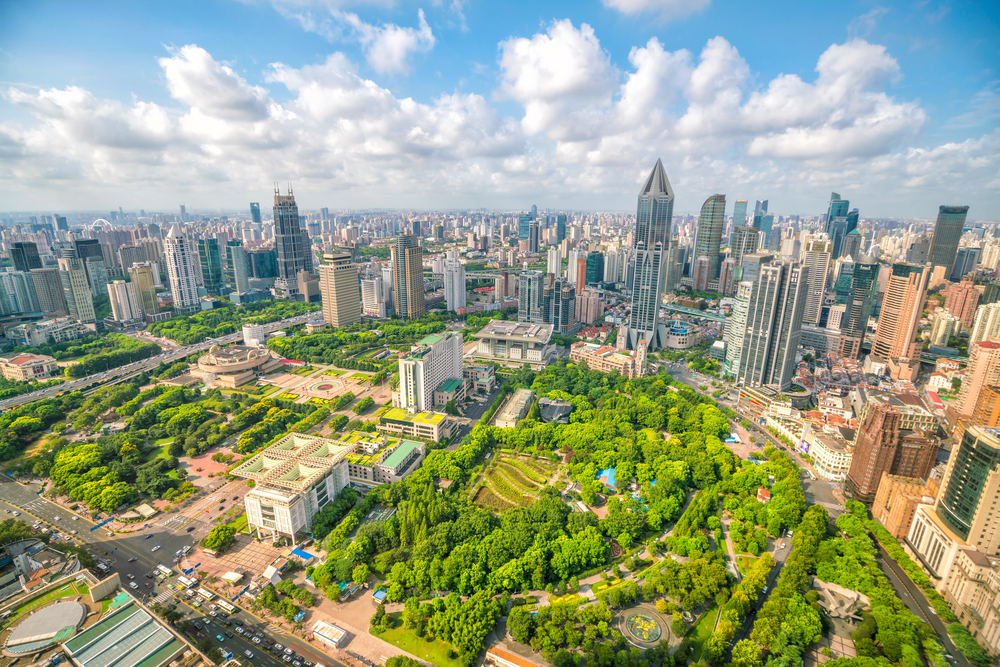 People's Square og parken i Shanghai set fra oven