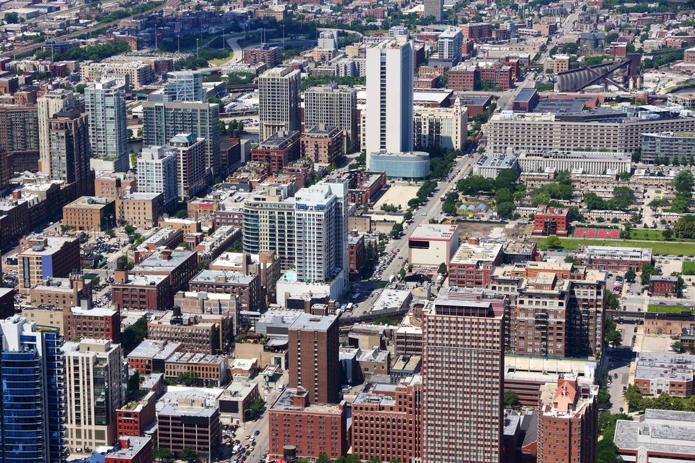 Luftfoto af kvarteret River North i Chicago