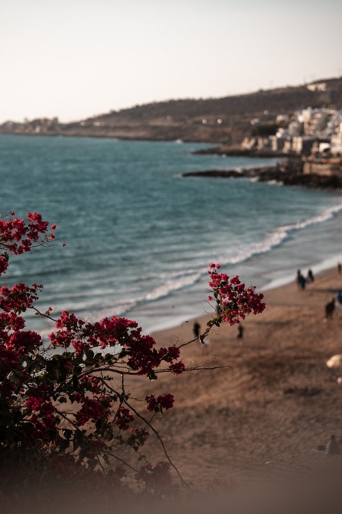 Stranden og husene i surferbyen Taghazout nord for Agadir