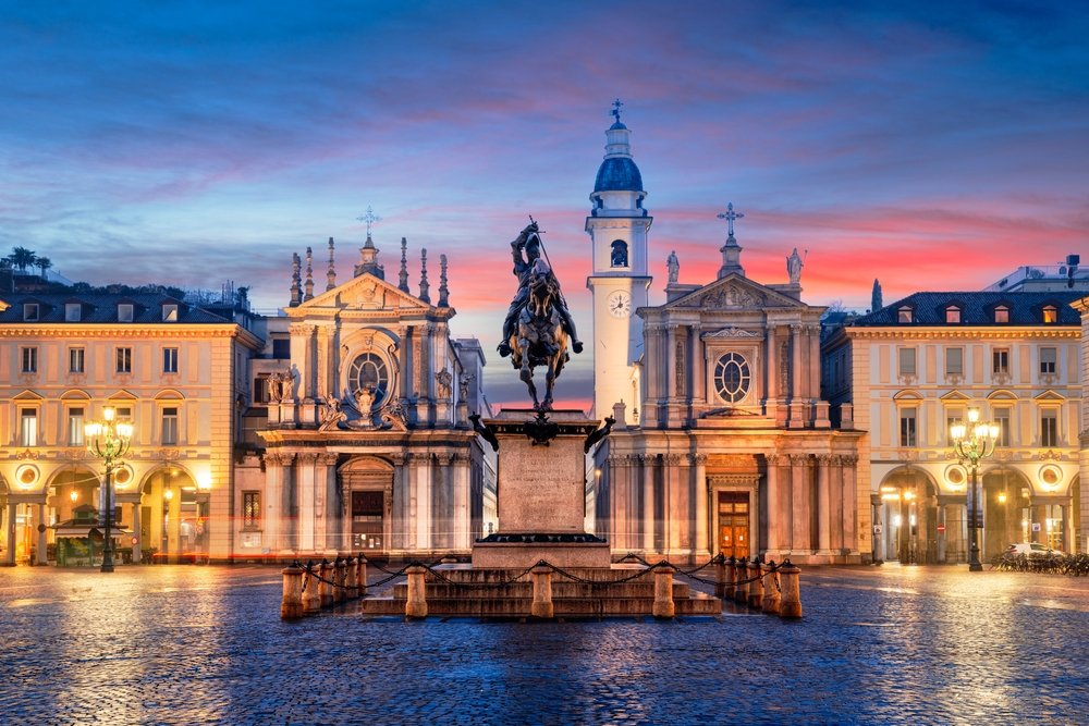 Piazza San Carlo i centrum af Torino i aftenlys