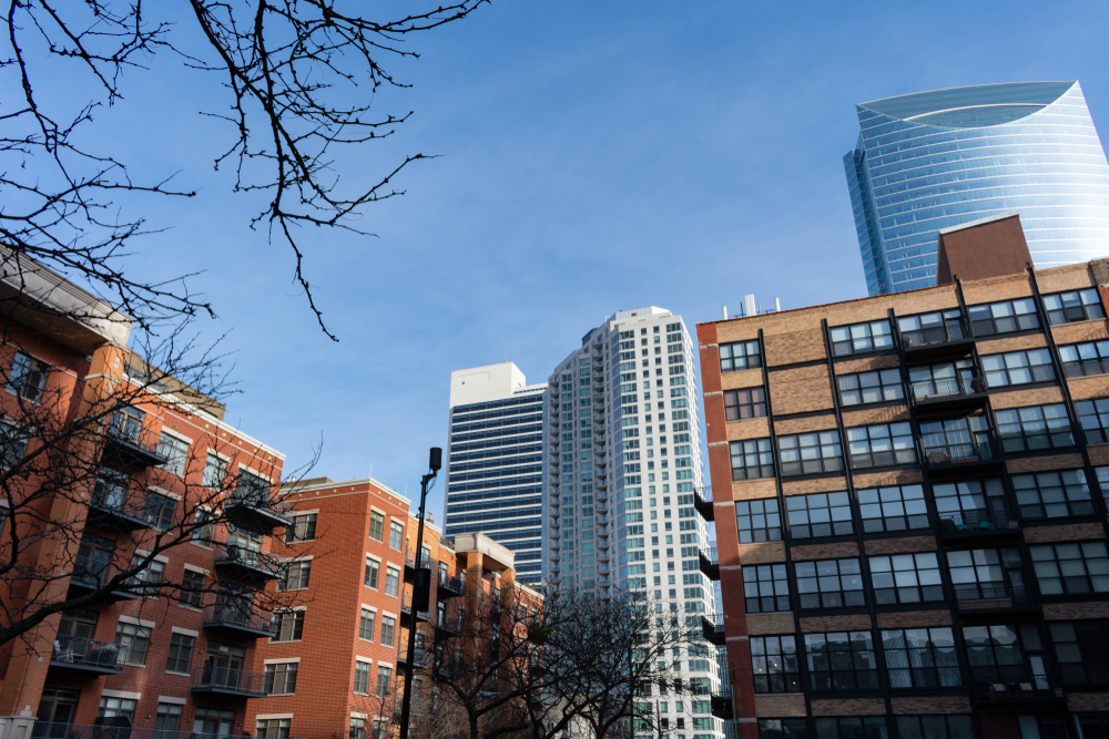 Bygninger og moderne højhuse i West Loop i Chicago